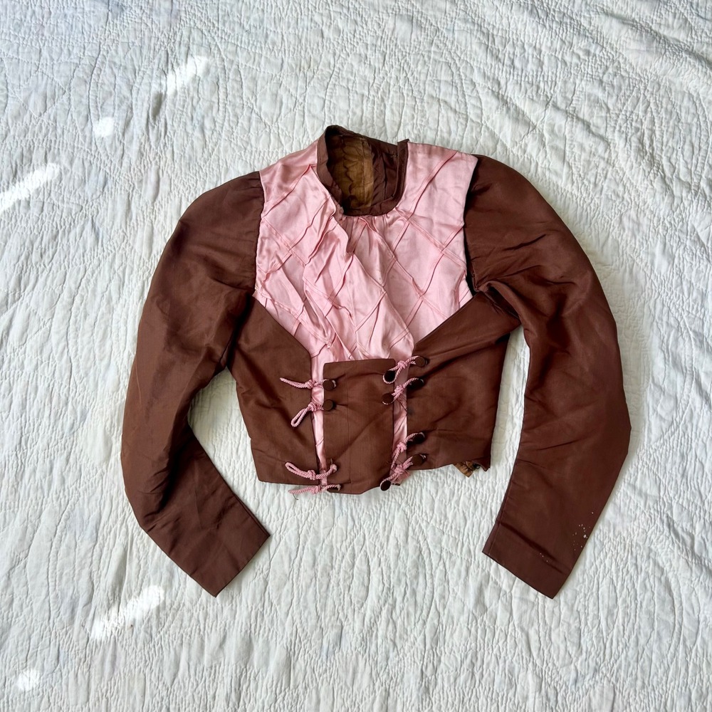 Antique Victorian 1800s Brown Pink Quilted Bodice corset with boning